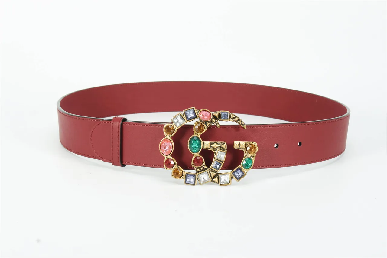Gucci GG Marmont Crystal-Embellished Red Leather Belt 5