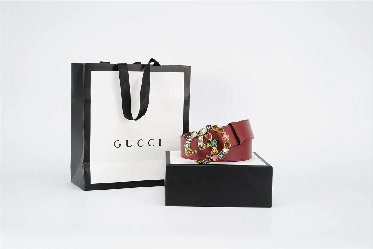Gucci GG Marmont Crystal-Embellished Red Leather Belt 8