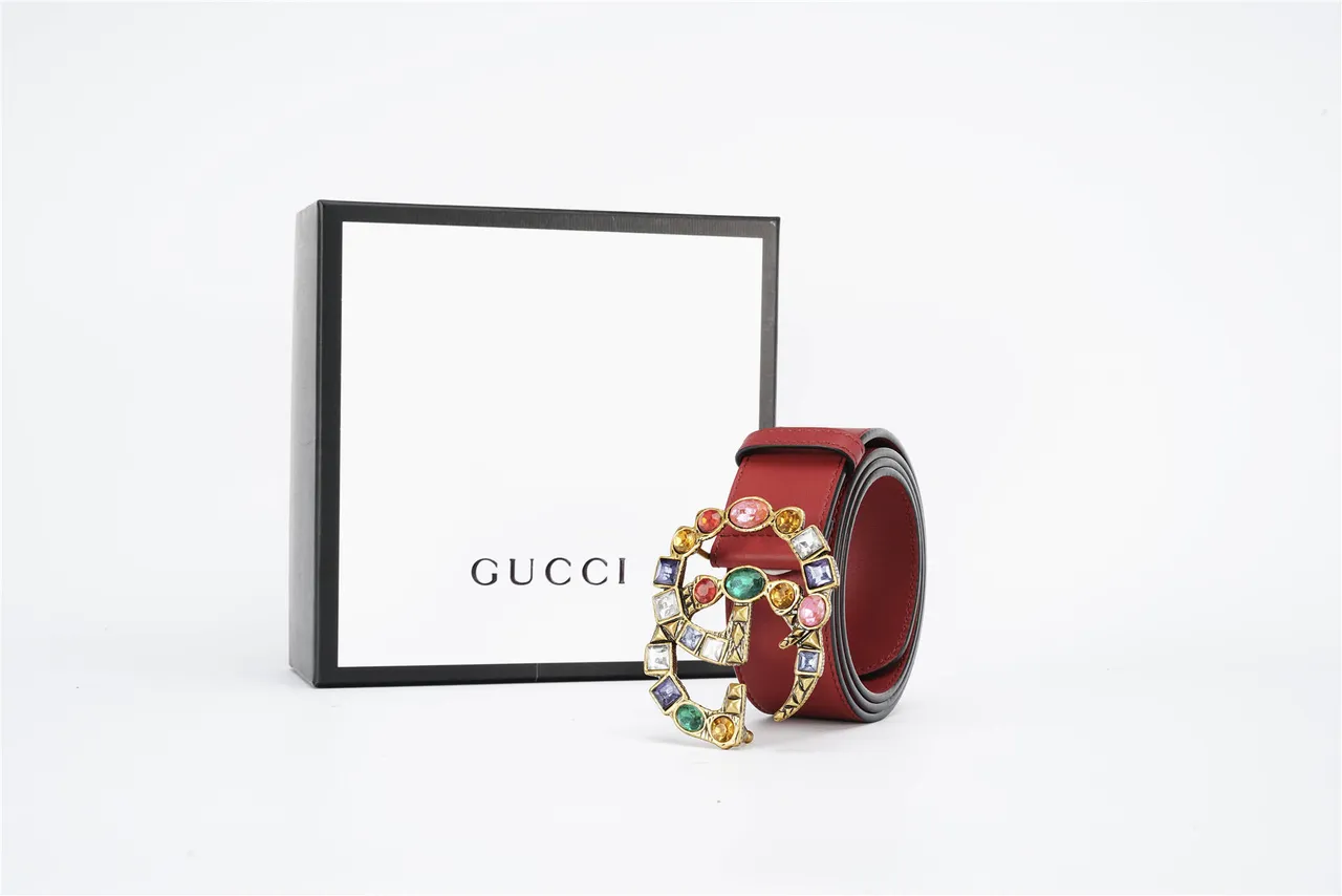 Gucci GG Marmont Crystal-Embellished Red Leather Belt 9