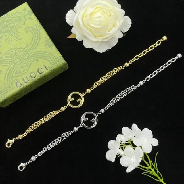 Gucci GG Marmont Gold Double-Chain Interlocking G Pendant Bracelet 2