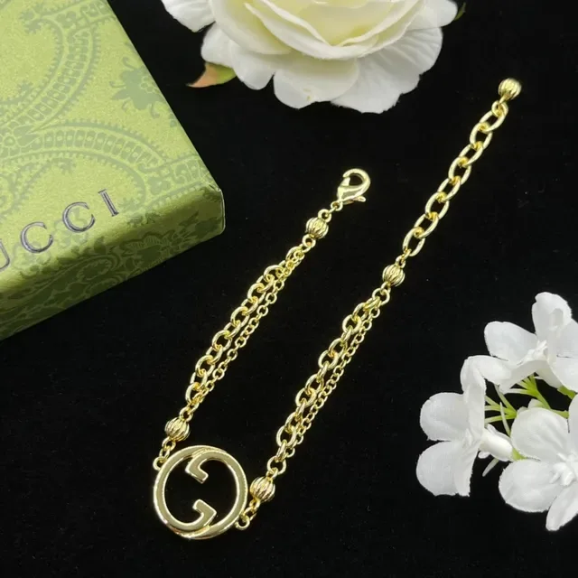 Gucci GG Marmont Gold Double-Chain Interlocking G Pendant Bracelet 5
