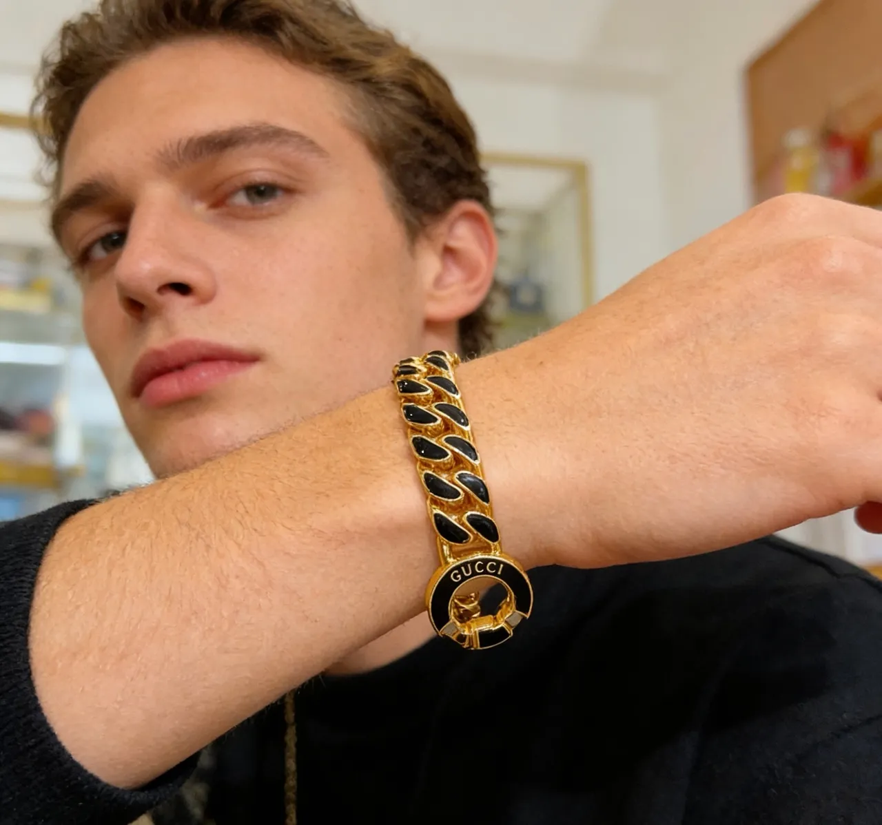 Gucci GG Marmont Gold-Tone and Black Enamel Curb Chain Bracelet 2