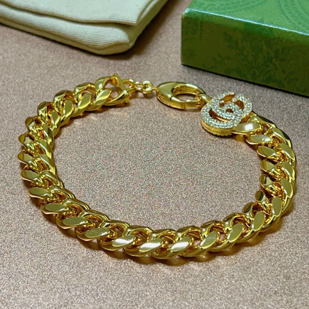 Gucci GG Marmont Gold-Tone Pavé Crystal Curb-Link Bracelet 2