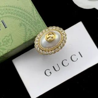 Gucci GG Marmont Gold White Oval Pearl Centerpiece Crystal-Encrusted Halo Ring
