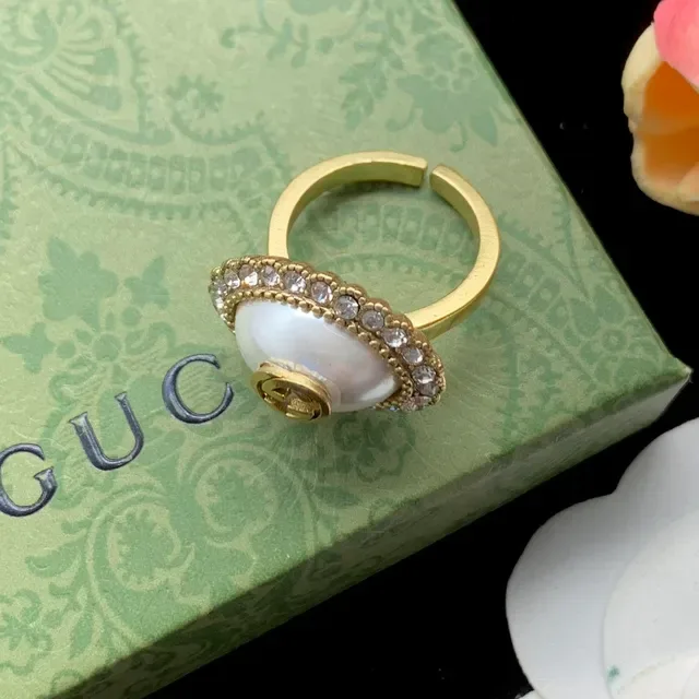 Gucci GG Marmont Gold White Oval Pearl Centerpiece Crystal-Encrusted Halo Ring 3