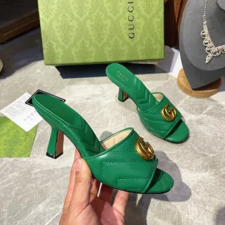 Gucci GG Marmont Green Gold Quilted Chevron Stitching Double G Horsebit Buckle Casual Sandals