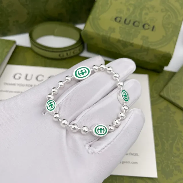 Gucci GG Marmont সবুজ রূপালী বীড় চেইন এনামেল মোটিফ নেকলেস 2