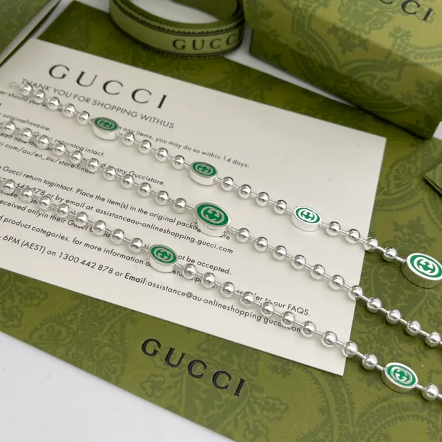 Gucci GG Marmont সবুজ রূপালী বীড় চেইন এনামেল মোটিফ নেকলেস 4