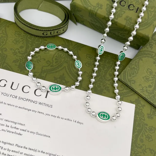 Gucci GG Marmont সবুজ রূপালী বীড় চেইন এনামেল মোটিফ নেকলেস 6