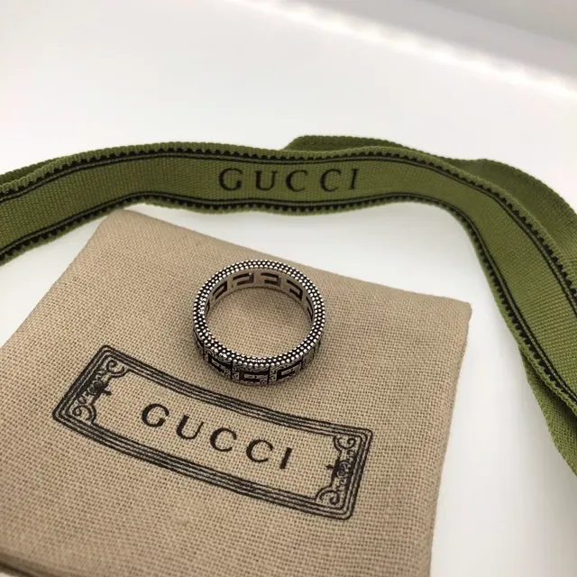Gucci GG Marmont Bague Verte Argentée Borde Perlé Motif de Clé Grecque 4