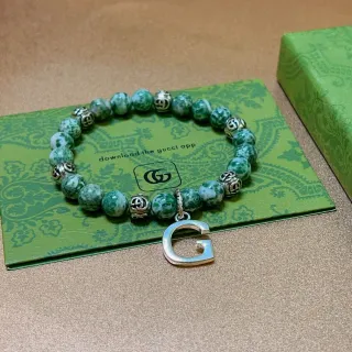 Gucci GG Marmont Green Silver Beaded Marbled Stone Bracelet