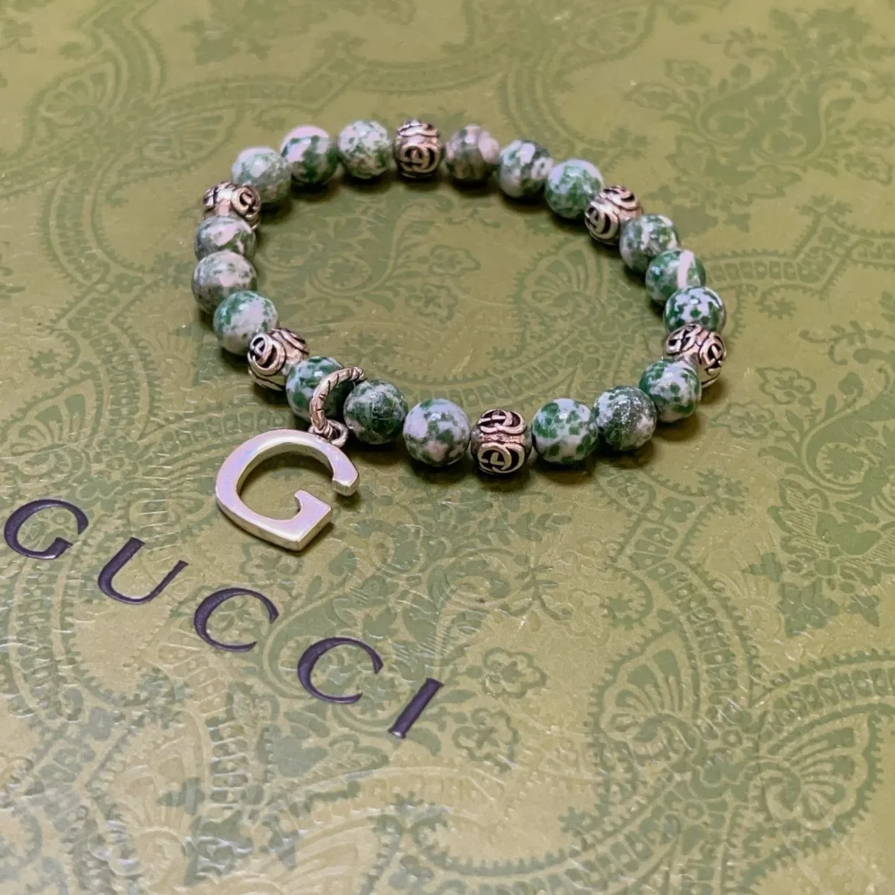 Gucci GG Marmont Green Silver Beaded Marbled Stone Bracelet 3