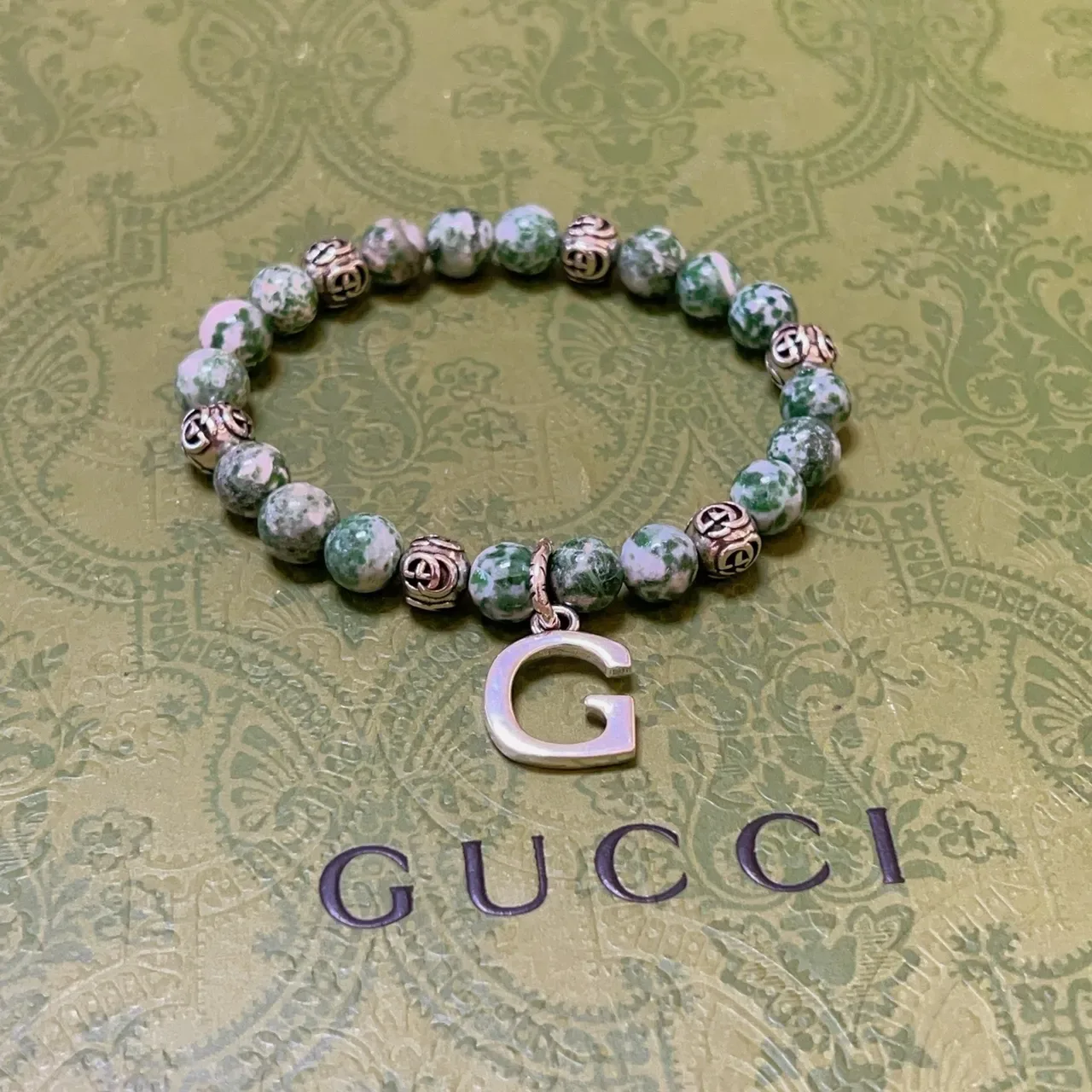 Gucci GG Marmont Green Silver Beaded Marbled Stone Bracelet 4