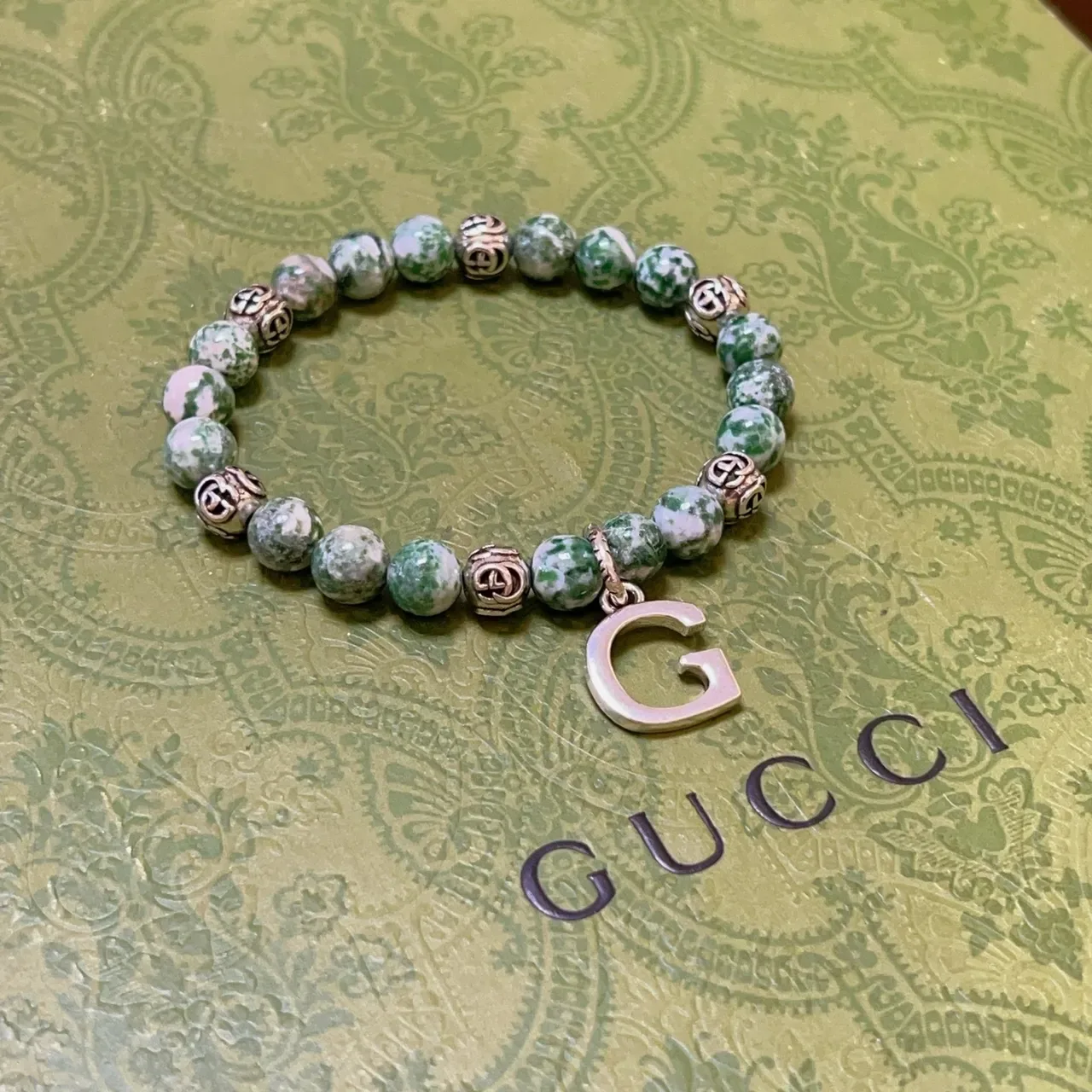 Gucci GG Marmont Green Silver Beaded Marbled Stone Bracelet 5