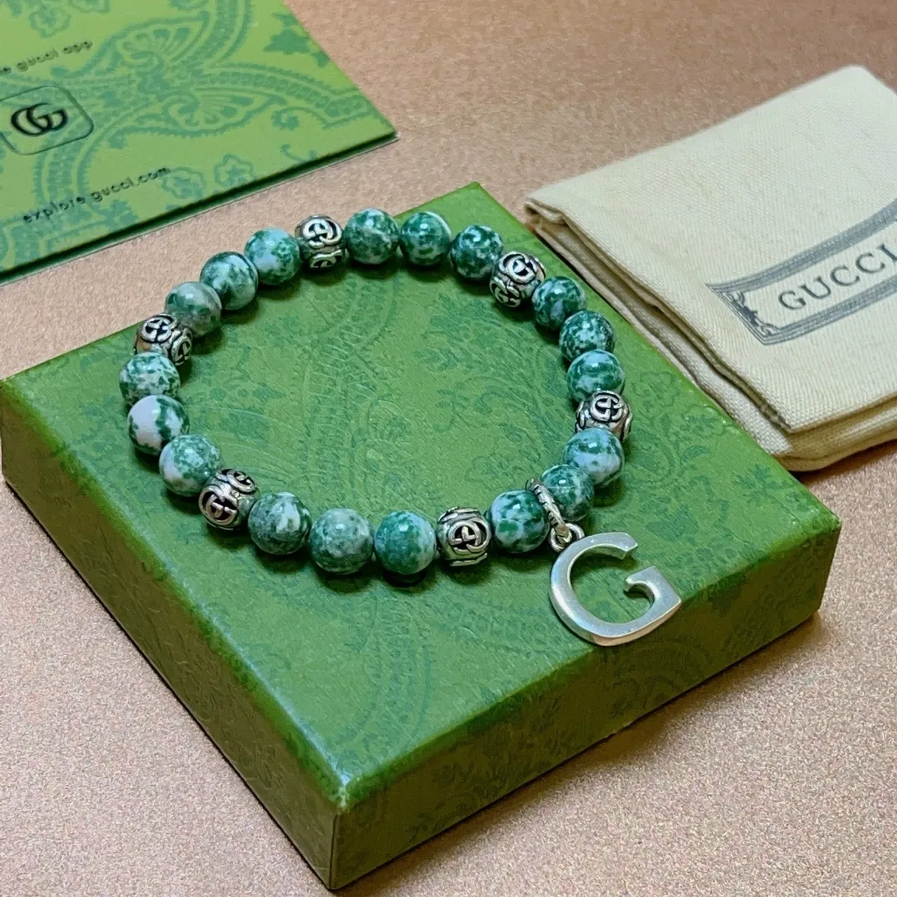 Gucci GG Marmont Green Silver Beaded Marbled Stone Bracelet 7