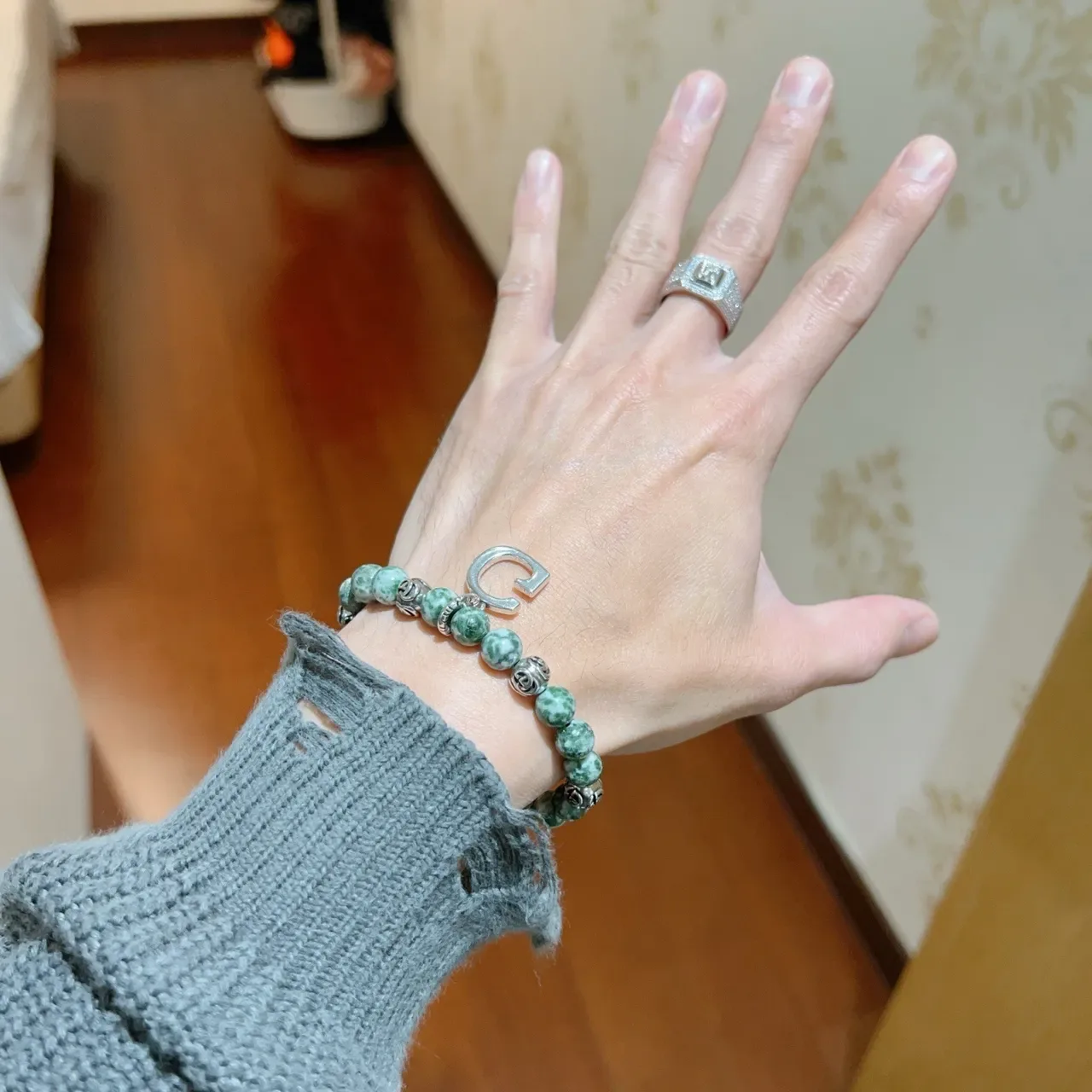 Gucci GG Marmont Green Silver Beaded Marbled Stone Bracelet 8