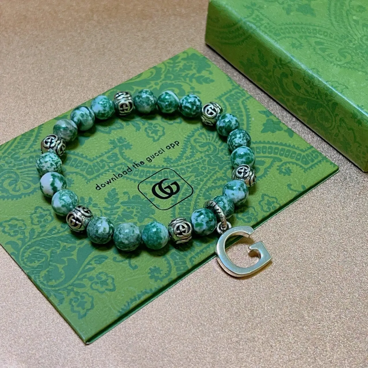 Gucci GG Marmont Green Silver Beaded Marbled Stone Bracelet 9