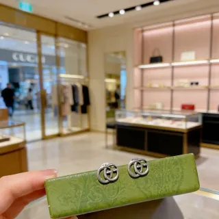 Gucci GG Marmont Green Silver Interlocking Double-G Logo Stud Earrings