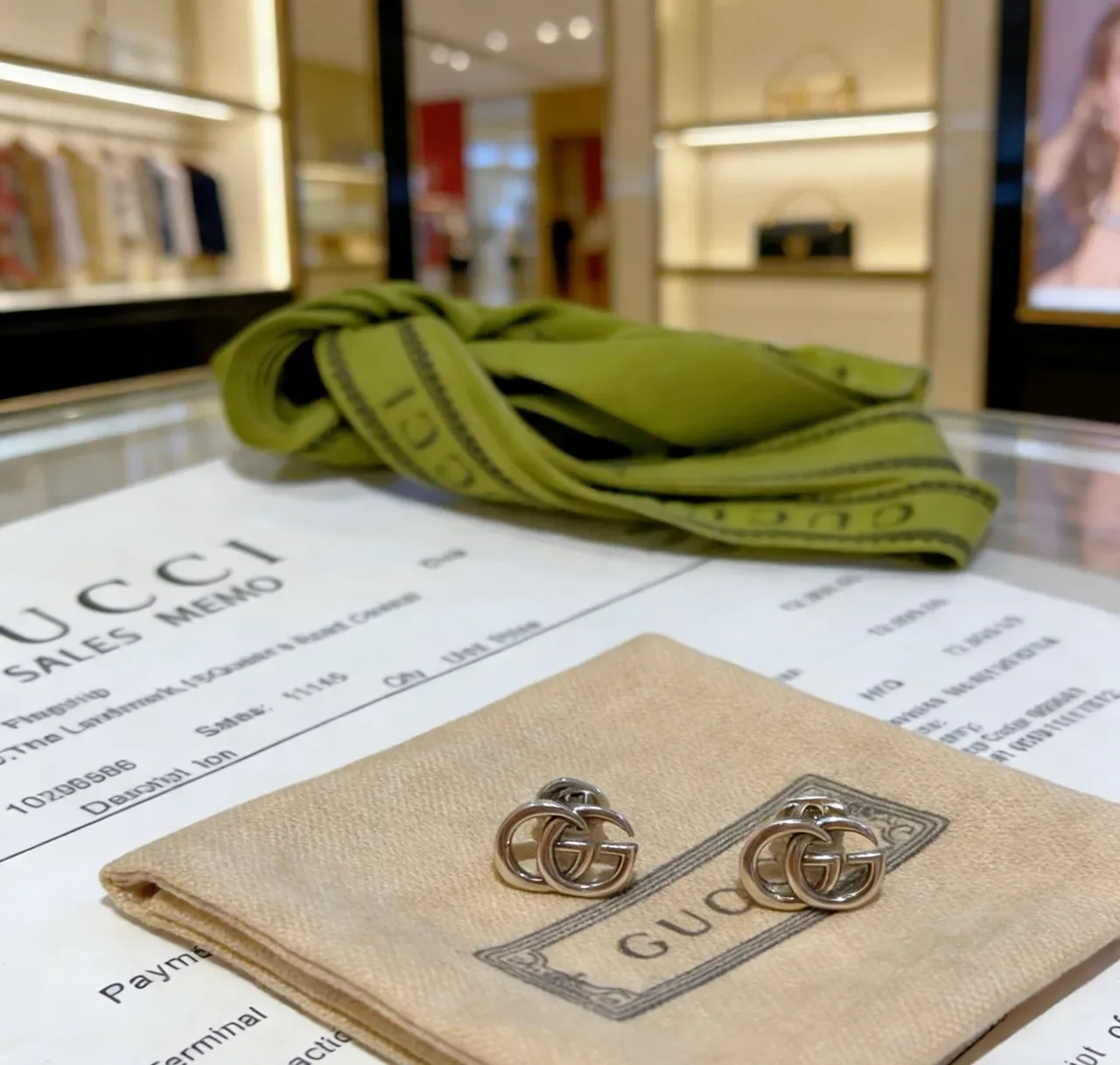 Gucci GG Marmont Green Silver Interlocking Double-G Logo Stud Earrings 3
