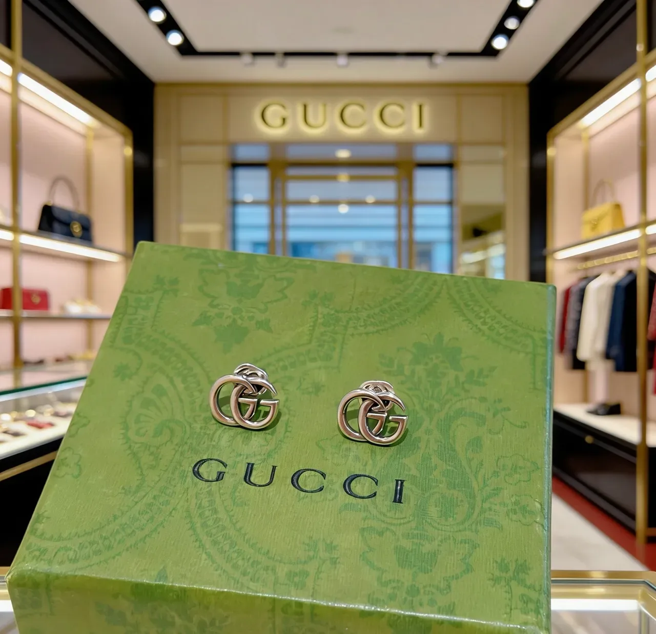 Gucci GG Marmont Green Silver Interlocking Double-G Logo Stud Earrings 4