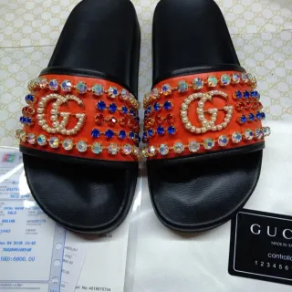 Gucci GG Marmont नारंगी मोती और क्रिस्टल सजाया चप्पल