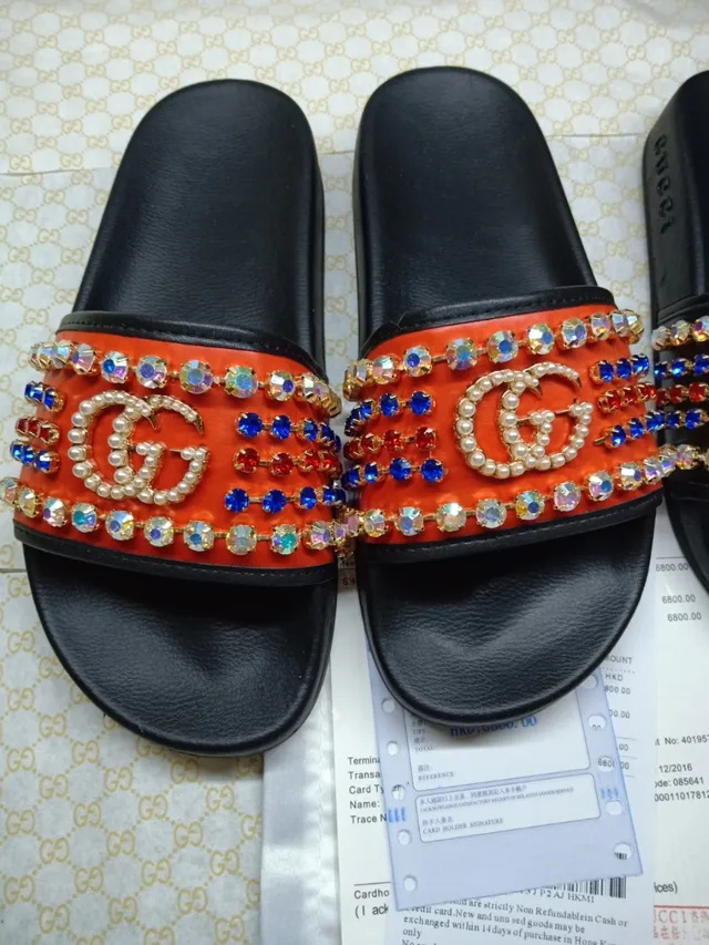 Gucci GG Marmont Chaussons à perles orange et cristals décorés 2