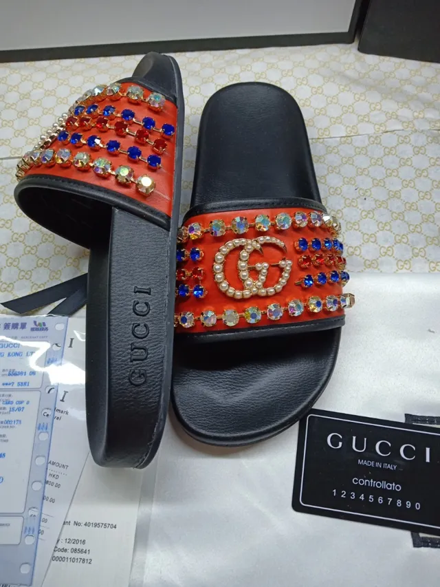 Gucci GG Marmont Chaussons à perles orange et cristals décorés 3