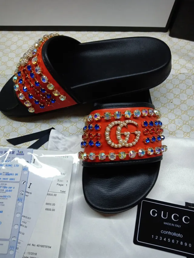 Gucci GG Marmont Chaussons à perles orange et cristals décorés 4