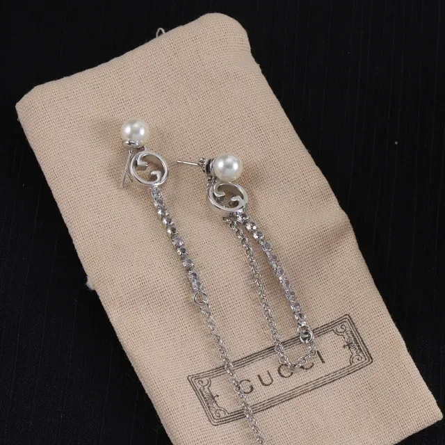 Gucci GG Marmont Pearl and Crystal Chain Drop Earrings 4