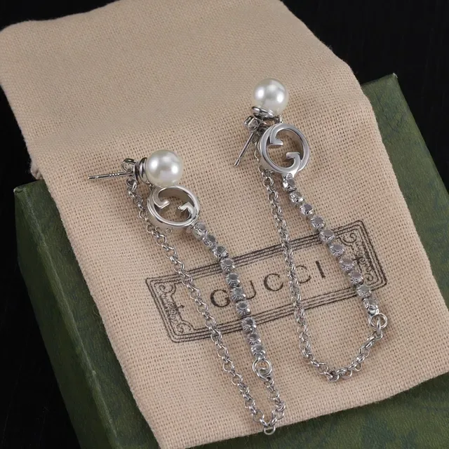 Gucci GG Marmont Pearl and Crystal Chain Drop Earrings 5