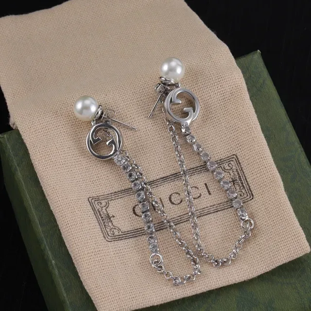 Gucci GG Marmont Pearl and Crystal Chain Drop Earrings 6