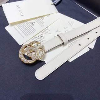 Gucci GG Marmont Pearl-Embellished Off-White Leather Belt