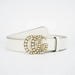 Gucci GG Marmont Pearl-Embellished White Leather Belt