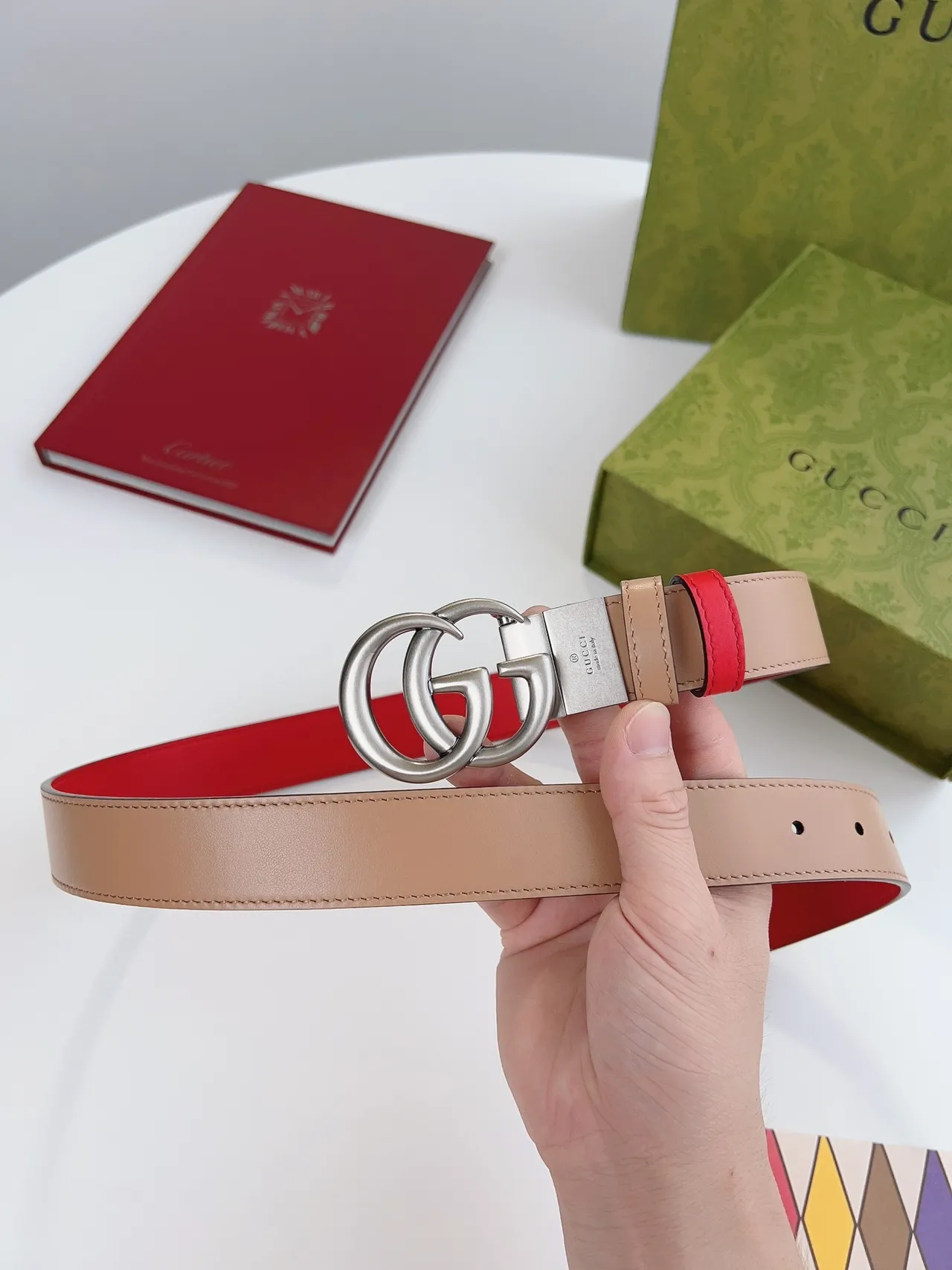 Gucci GG Marmont Reversible Red Beige Leather Belt 4
