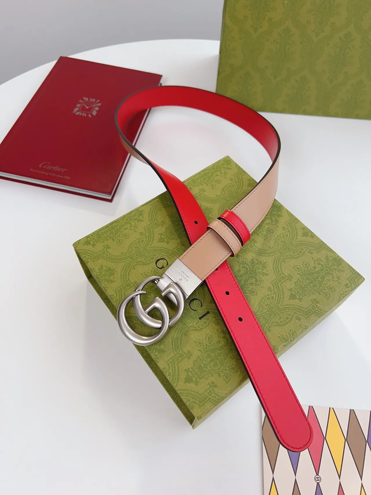 Gucci GG Marmont Reversible Red Beige Leather Belt 5