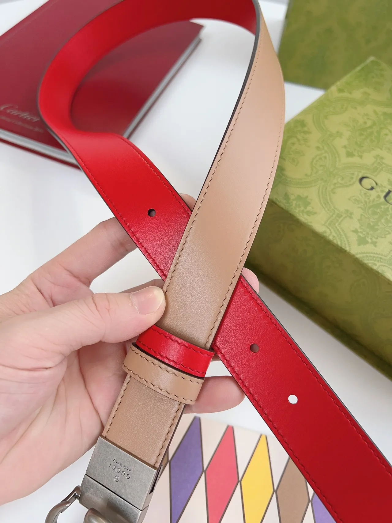 Gucci GG Marmont Reversible Red Beige Leather Belt 6