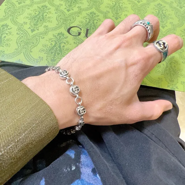 Gucci GG Marmont Silver Black Interlocking G Logo Links Metal Bracelet 2