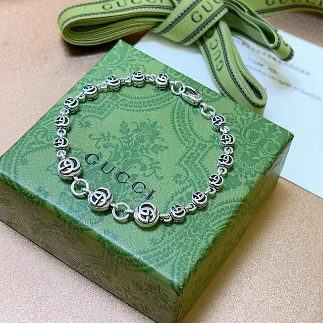 Gucci GG Marmont Silver Black Interlocking G Logo Links Metal Bracelet 3