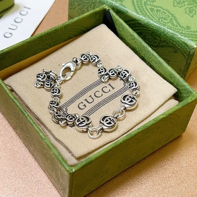 Gucci GG Marmont Silver Black Interlocking G Logo Links Metal Bracelet 4