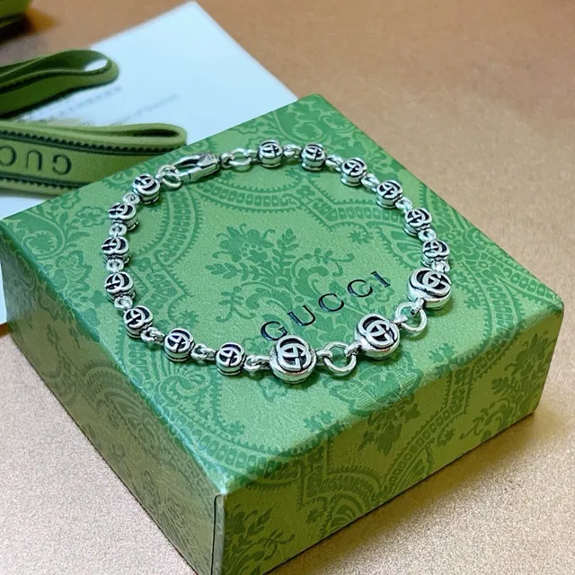 Gucci GG Marmont Silver Black Interlocking G Logo Links Metal Bracelet 6