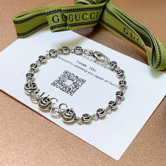 Gucci GG Marmont Silver Black Interlocking G Logo Links Metal Bracelet 7
