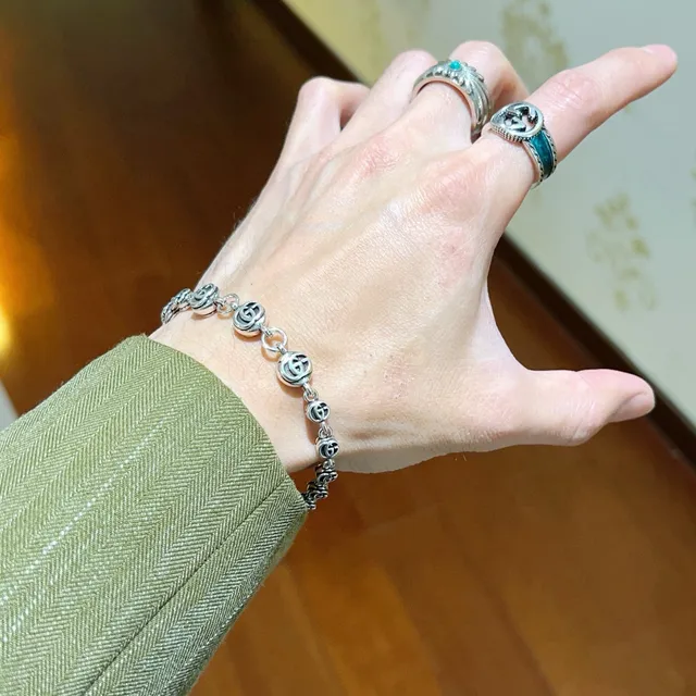 Gucci GG Marmont Silver Black Interlocking G Logo Links Metal Bracelet 8