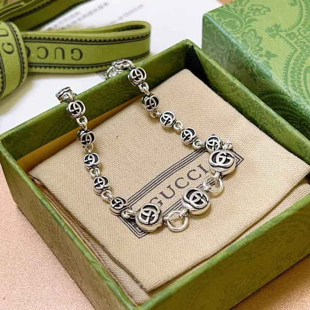 Gucci GG Marmont Silver Black Interlocking G Logo Links Metal Bracelet 9