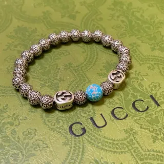 Gucci GG Marmont Silver Blue Beaded Filigree Metal Bracelet