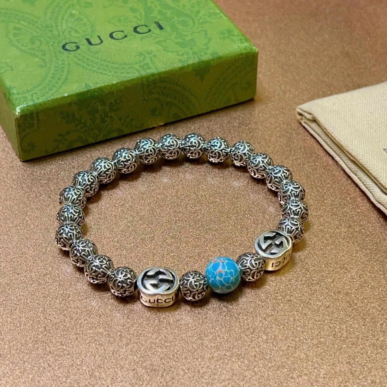 Gucci GG Marmont Silver Blue Beaded Filigree Metal Bracelet 2