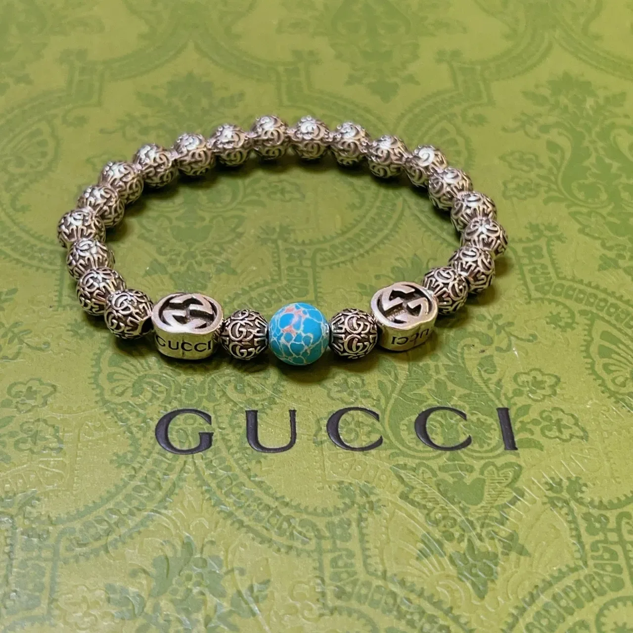 Gucci GG Marmont Silver Blue Beaded Filigree Metal Bracelet 3