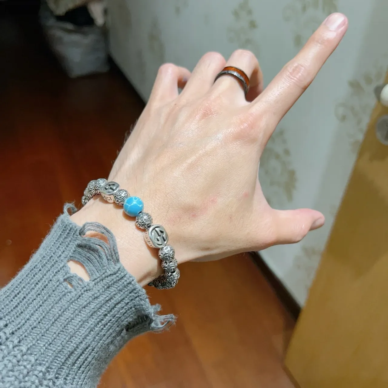 Gucci GG Marmont Silver Blue Beaded Filigree Metal Bracelet 5