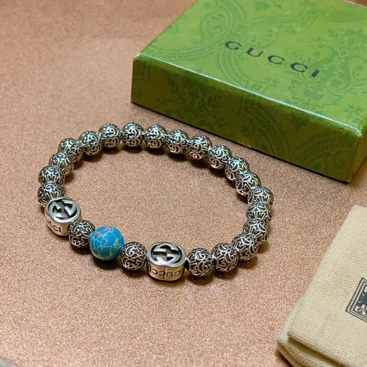 Gucci GG Marmont Silver Blue Beaded Filigree Metal Bracelet 6