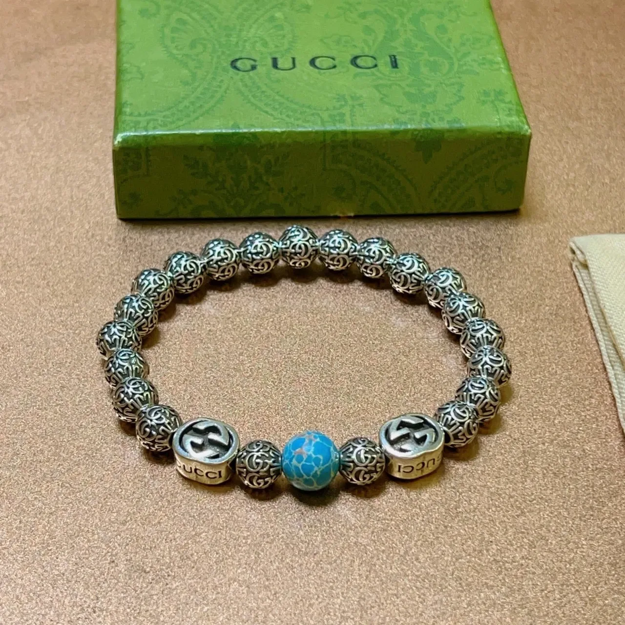 Gucci GG Marmont Silver Blue Beaded Filigree Metal Bracelet 7