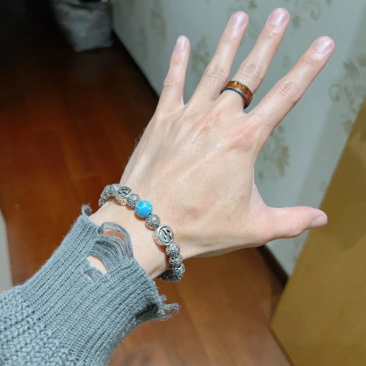 Gucci GG Marmont Silver Blue Beaded Filigree Metal Bracelet 8